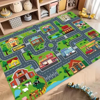 Kinder Cartoon Stadtverkehr Straßenkarte Teppich Weicher Rutschfester Lehrreicher Spielteppich für Kleinkinder