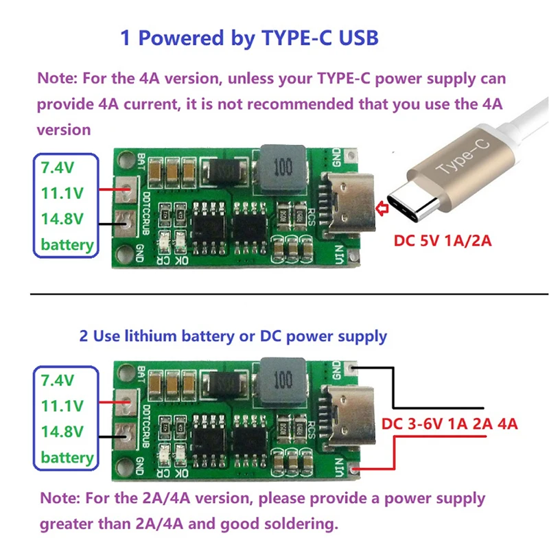 USB-C Step-up Ladeplatine für 2S/3S/4S Li-Ion, 8,4–16,8 V – Bild 2