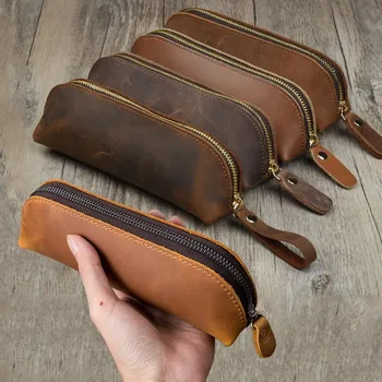 Vintage Leder Bleistift Tasche Einfache Schreibwaren Hoder Stift Fall Lagerung Tasche Zipper Bleistift Beutel