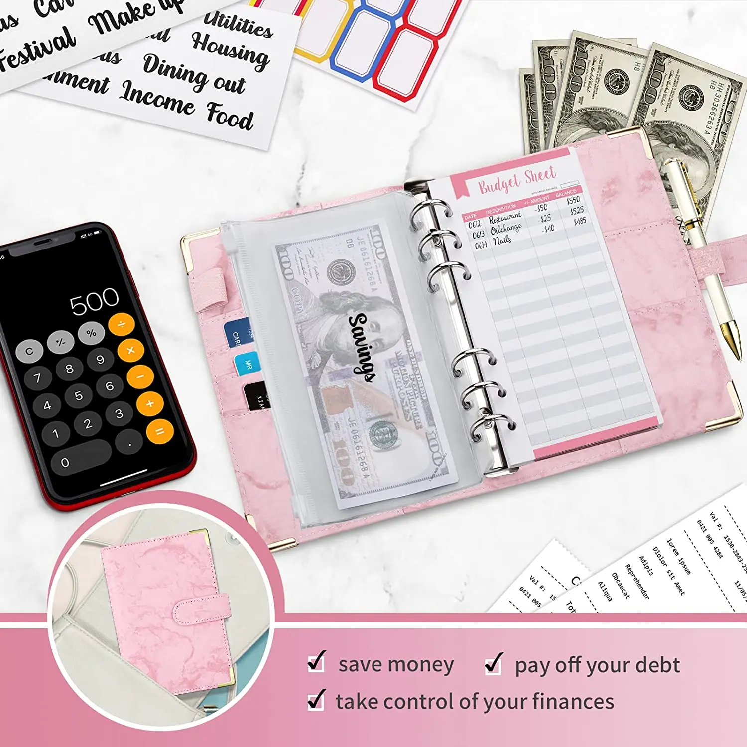 A6 Geldspar-Organizer, PU-Leder, Budget-Binder, Marmor – Bild 5