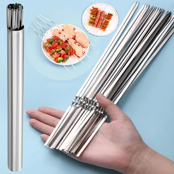 Edelstahl Grill Spieß Wiederverwendbare BBQ Spieße Kebab Eisen Stick Für Outdoor Camping Picknick Werkzeuge