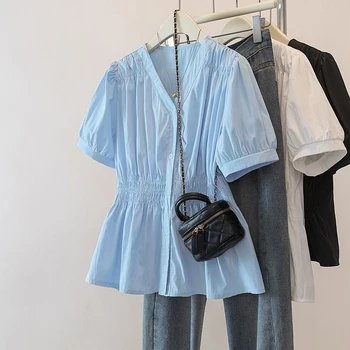 200 Pfund Plus Größe Elastische Taille Büro Dame Trend Hemd Und Bluse Kurzarm Solide Top Frauen Kleidung
