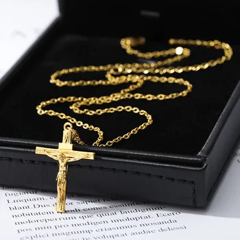 Christian Jesus Kreuz Halskette für Frauen Männer Edelstahl Ketten Halsreif Religion Kreuz Anhänger Schmuck