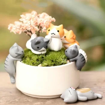 Cartoon Glückliche Katze Hausgarten Bonsai Dekorationen Miniaturen Geschenk Schöne Micro Landschaft (6 Stück)