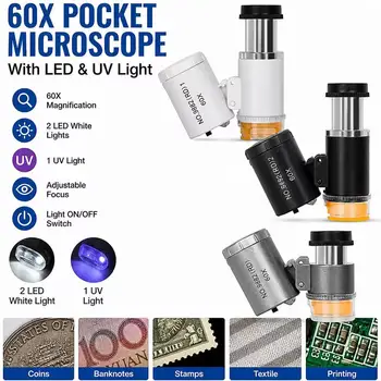 60x tragbare Lupe Hand-Identifikationsmikroskop 3 LED-Leuchten Silber Dollar Antikdruck Identifizierung