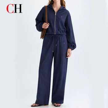 CH Damen 2-teiliges Trainingsanzug-Set mit Kapuzenjacke und weiter Hose, lässiges sportliches Lounge-Outfit