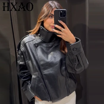 HXAO Kunstleder-Schwarzjacken für Damen, neue Ankunft, abgeschnittene Oversize-Bomberjacke, langärmelige