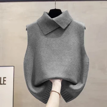 Herbst Winter Koreanische Einfarbig Revers Ärmellose Vielseitige Beiläufige Gestrickte Weste Für Frauen