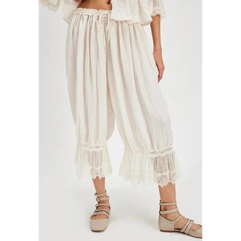 Combhasaki Damen Y2K Loose Fit Bloomers Kurze Hose Kordelzug Hohe Taille Blumenspitze Patchwork Wadenlange