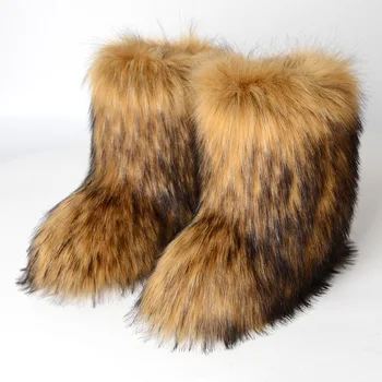 Frauen Faux Pelz Stiefel Winter Flauschigen Plüsch Warme Mittlere Waden Schnee Stiefel Luxus Mode Pelzigen