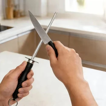 Küchenwerkzeug Kohlenstoffstahl Messerschärfstahl, Messerschärfer mit Aufhängelöchern (10 Zoll)