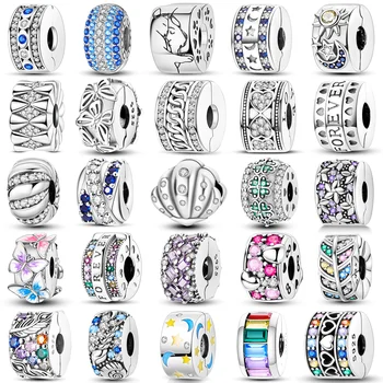 Silberverschluss 925 Sterling Silber CZ Pavé Clip Charms Gänseblümchen-Perlen Stopper Sicherheitskette Passend