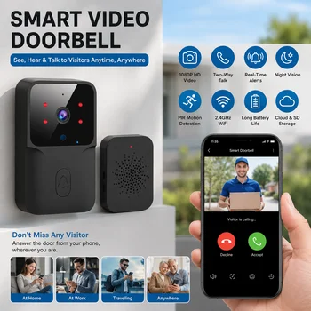 Kabellose Video-Türklingel-Kamera, WLAN-Türklingel mit Zwei-Wege-Audio und IR-Nachtsicht, Smart Home