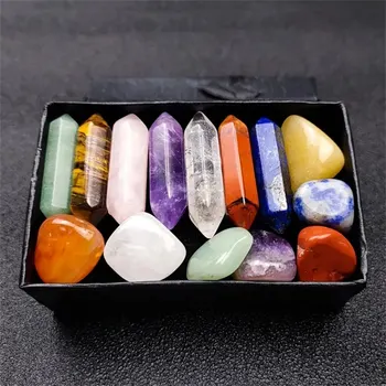 Naturstein-Chakra-Kristallsäulen-Set, farbig, DIY-Halskette, Schmuck-Display, Dekoration, geeignet (14 Stück)