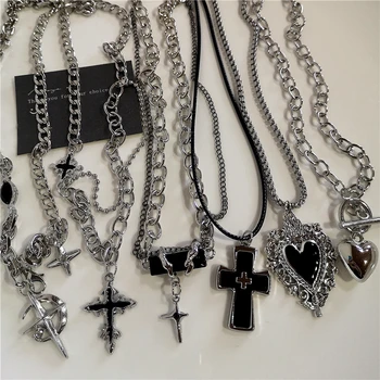 Punk Rock Schwarz Herz Kreuz Anhänger Kette Halskette Für Männer Frauen Coole Hip Hop Straße Vintage 90er