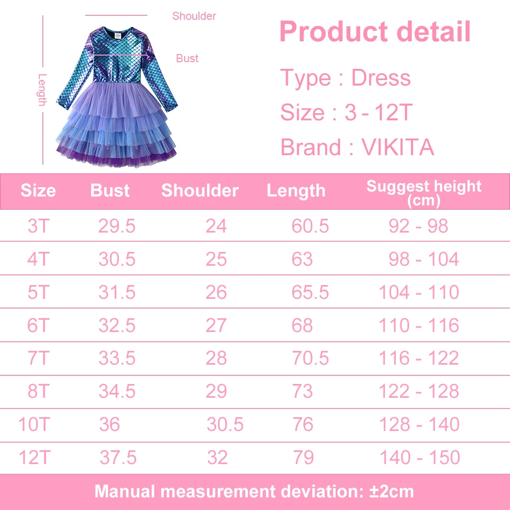 VIKITA Mädchen Meerjungfrau Print Kleid Kinder Layered Mesh – Bild 6