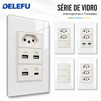 DELEFU 4*2 Weiß Gehärtetes Glas Brasilien Standard Steckdose mit Doppel USB Typ C Wand Steckdose Smart Switch