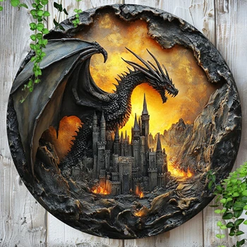 8 Zoll Dark Art Drachen 2D Runde Holzplatte Dekorative Schilderplatte Eingangsbereich Geschenk Drachen-Thema