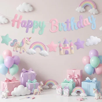 Regenbogen-Einhorn-Party Filzbanner Bunte Stern-Prinzessin-Schloss-Dekorationen Alles Gute zum Geburtstag