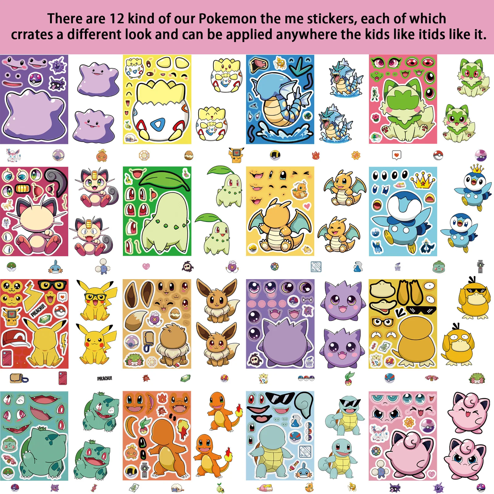 16 Blatt Pokemon Make A Face Puzzle Aufkleber Pikachu – Bild 2