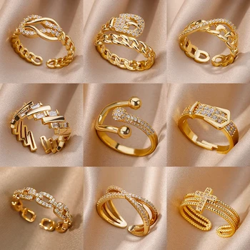 Mode Kette Aushöhlen Ringe Für Frauen Gold Farbe Edelstahl Zirkon Kreuz Offenen Ring Trendy Hochzeit