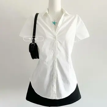 Adrette Mode Drehen Sown Kragen V-ausschnitt Kurzarm Bluse Alle Spiel Harajuku Einfache Slim Fit Kleidung Y2k