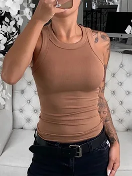 Frauen Solide Rundhals Rippen Tank Top Leibchen Frauen Sommer Grundlegende Elastische Tank Top O Neck Solide
