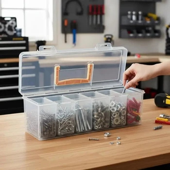 Transparente Werkzeugorganisationsbox mit Mehreren Fächern und Tragegriff für Hausorganisation und Garage