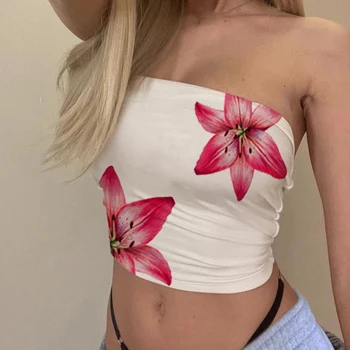 Damen Blumendruck Tube Tops Sommer Trägerlose Bandeau Tops Slim Fit Shirts Streetwear