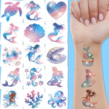 Glitzer-Meerjungfrauen Vorgeschnittene Temporäre Tattoos - Niedliche Unterwasser-Party-Artikel (108 Stück)
