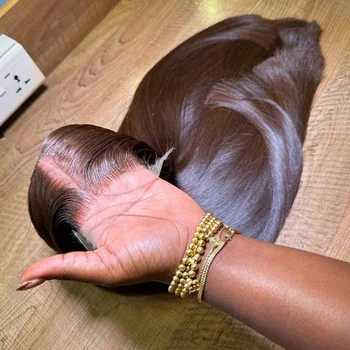 34 Zoll schokoladenbraune 13x4 HD Bone Straight Lace Front Perücken aus Echthaar, 13x4 brasilianische