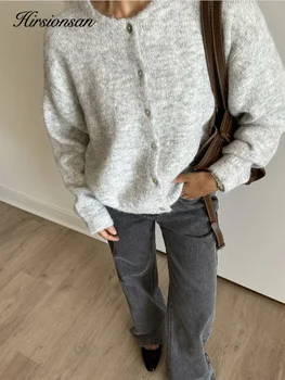 Hirsionsan Eleganter Langarmpullover für Damen, 2024, neue einreihige weibliche lässige Strickjacke, weicher