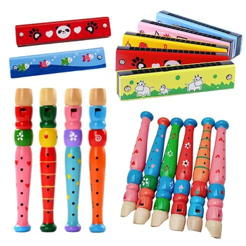 Holz Cartoon Piccolo & Mundharmonika Kinder 6-Loch Flöte 16-Loch Mundharmonika Spielzeug Musik Instrument