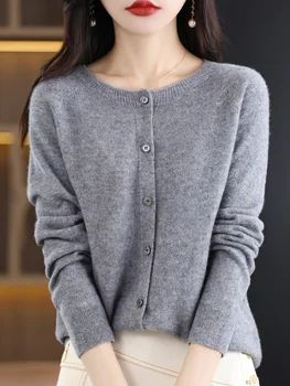 Frauen Kaschmir Pullover 100% Merino Wolle Strickjacke Herbst Winter Strickwaren Oansatz Weibliche Einfarbig