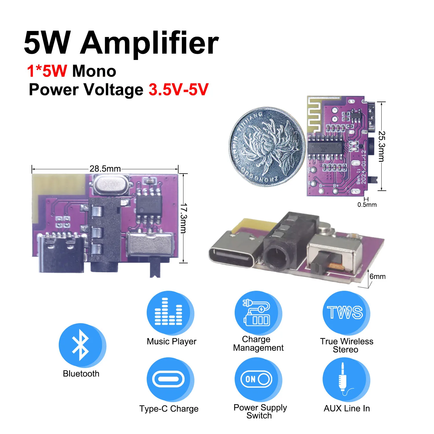 DC 3,5 V-5 V 5 W Bluetooth 5,4 Mono Verstärker Decoder Board – Bild 3