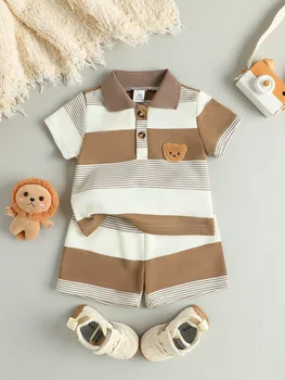 Kinder Sommer Neuankömmling Jungen Normales gestreiftes Teddybär-Kurz-T-Shirt und Shorts Lässiges
