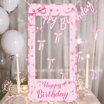 Rosa Schleife Happy Birthday Foto-Requisiten Fotorahmen 1. Geburtstag Dekoration Hochzeit Geburtstagsparty