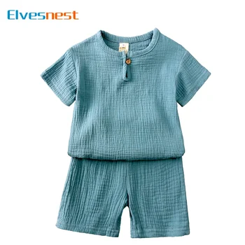Baumwolle Leinen Kinder Kleidung Mädchen Outfit Sommer Jungen Kleidung Sets Einfarbig Kurzarm Tops Shorts