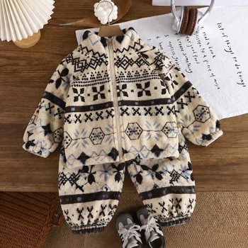 Kleinkind-Jungenkleidung im Fair-Isle-Stil, Modische und mit Samt Verdickte Warme Hauskleidung, Anzug