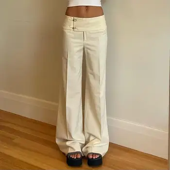 Vintage Y2K Koreanische Streetwear-Hose für Damen, Tiefsitzende Gerade Loose-Fit Beige Hose mit Knöpfen, Basic