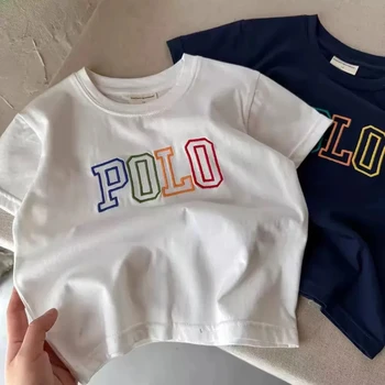 2025 sommer Kinder Koreanischen Stil Einfache 100% Baumwolle T Shirt für Kinder Trendy Brief Gedruckt Tees