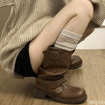 Herbst- und Wintermode, Retro-braune Western-Cowboystiefel, Damenstiefel, 2025, neuer Look, schlanke, dicke