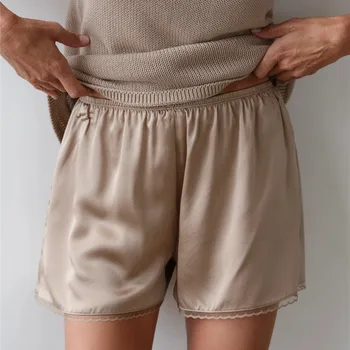 Pettipants für Damen, halber Slip, Satin-Culotte-Shorts, Spitzenbesatz, weites Bein, seidige Shorts