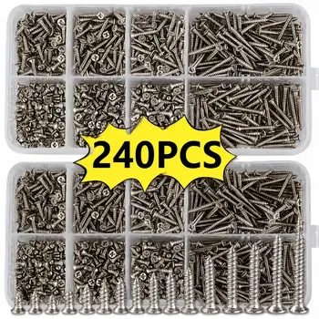 Selbstschneidendes Holzschrauben-Set, Box mit 8 Größen, M2 Flachkopf-Metallschrauben, Sortierkit (240 Stück)
