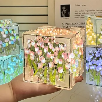 DIY Tulpe Spiegel Würfel Lampe Simulation Blume Schlafzimmer Schlaf tisch Lampe handgemachte Handwerk Tulpen