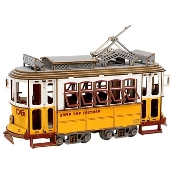 3D-Holzpuzzle Straßenbahn Bahnhof Retro-Auto Bus DIY Segelschiff Flugzeugmodell Puzzle-Bausatz Spielzeug