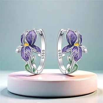 925 Sterling Silber Blumen- und Pflanzen-Serie Lila Iris-Ohrringe Exquisite Hochzeits- und Partygeschenke