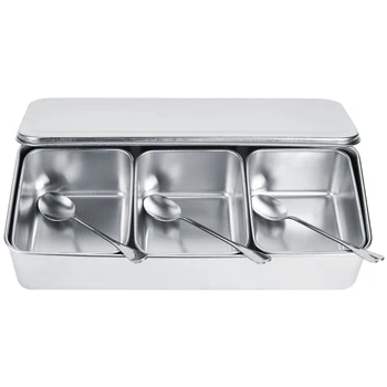 Haushalt 3-Gitter Edelstahl Gewürz Box Glas Gewürz Container Set mit Löffel Abdeckung Gewürz Gläser Organizer