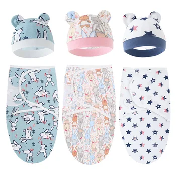 Baby Decke Hut Set Cartoon Gedruckt Baumwolle Neugeborenen Swaddle Einstellbare Säuglingsdecken Wraps