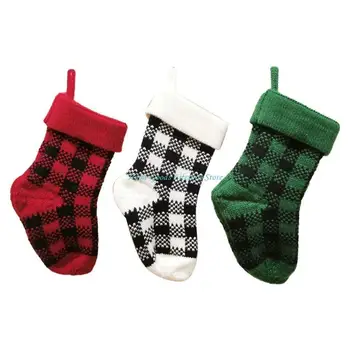 E74E 3 Stück Weihnachtsstrumpf, Mini-Weihnachtsstrümpfe, karierte Geschenktüte für Baum, Kamin